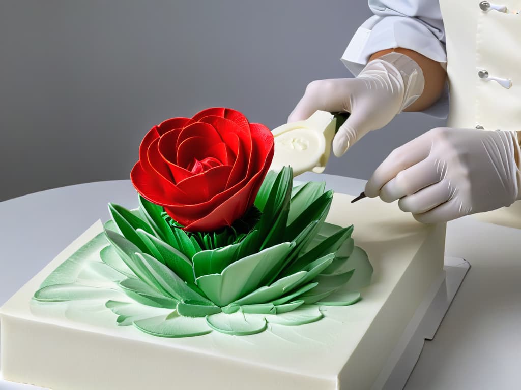  A closeup, ultradetailed image of a delicate, intricately designed sugar flower being meticulously crafted by a pair of hands wearing elegant baking gloves, set against a pristine white background. The vibrant colors and the precise detailing of the flower showcase the artistry and precision involved in advanced pastrymaking techniques, providing a visually striking representation of the fusion between traditional baking skills and cuttingedge virtual reality technology. hyperrealistic, full body, detailed clothing, highly detailed, cinematic lighting, stunningly beautiful, intricate, sharp focus, f/1. 8, 85mm, (centered image composition), (professionally color graded), ((bright soft diffused light)), volumetric fog, trending on instagram, trending on tumblr, HDR 4K, 8K