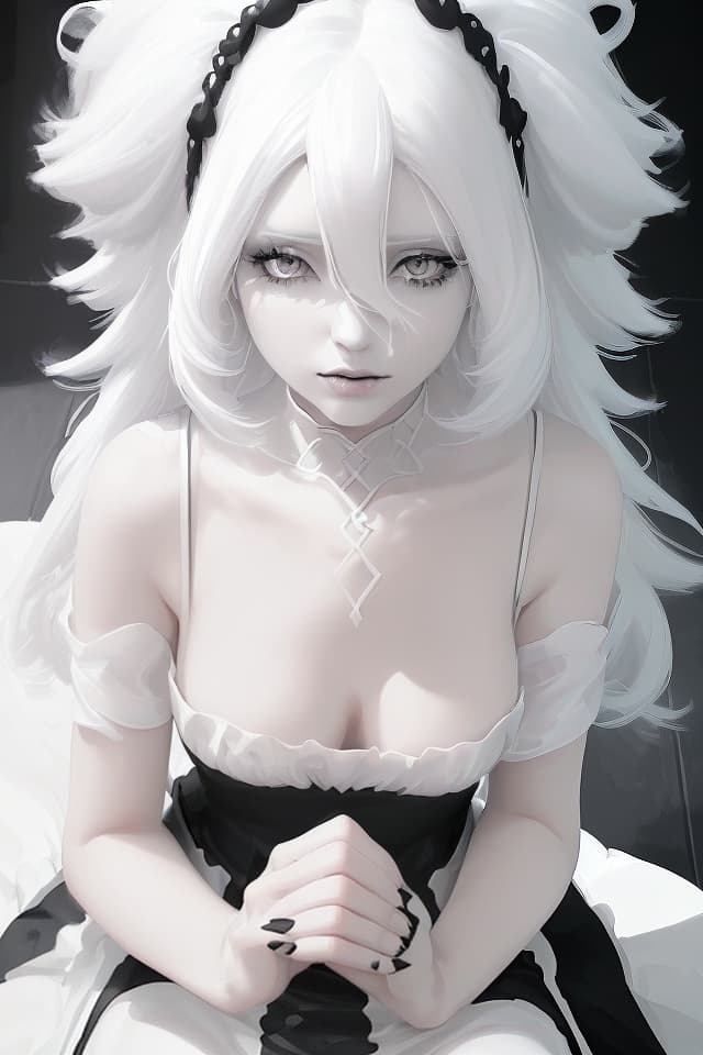  (Black and white monochrome) ((white hair)) ((wearing a nice black dress))) (Black and White Monochrome Illustration) (Cool Beautiful Girl) WHITE HAIR, COOL, NICE BODY, SITTING ON STAIRS (Close Up of Upper Body) High Quality, 8k, 16k