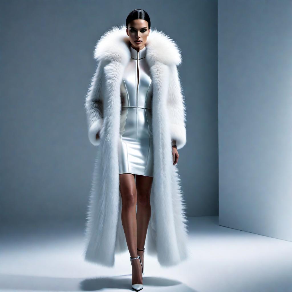  Design an avant-garde, transparent fur trimmed coat to be worn over futuristic clothing. The coat should have the appearance of fur but with a unique transparent quality that creates an innovative and visually striking effect. hyperrealistic, full body, detailed clothing, highly detailed, cinematic lighting, stunningly beautiful, intricate, sharp focus, f/1. 8, 85mm, (centered image composition), (professionally color graded), ((bright soft diffused light)), volumetric fog, trending on instagram, trending on tumblr, HDR 4K, 8K