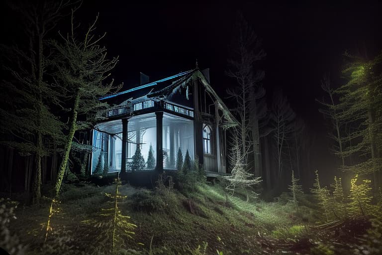  An abandoned house at night in the forest with a ghost in the distance. hyperrealistic, full body, detailed clothing, highly detailed, cinematic lighting, stunningly beautiful, intricate, sharp focus, f/1. 8, 85mm, (centered image composition), (professionally color graded), ((bright soft diffused light)), volumetric fog, trending on instagram, trending on tumblr, HDR 4K, 8K