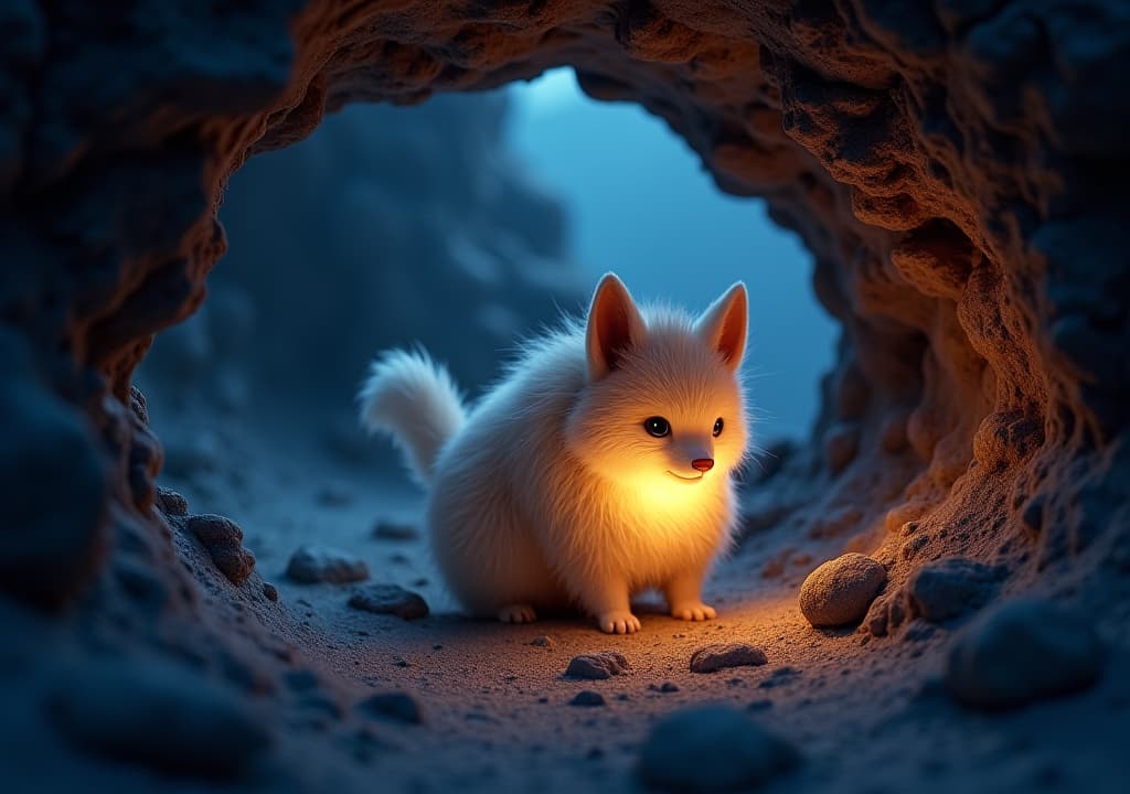  good quality, high quality, a whimsical cave explore reveals a glowing furry creature at twilight