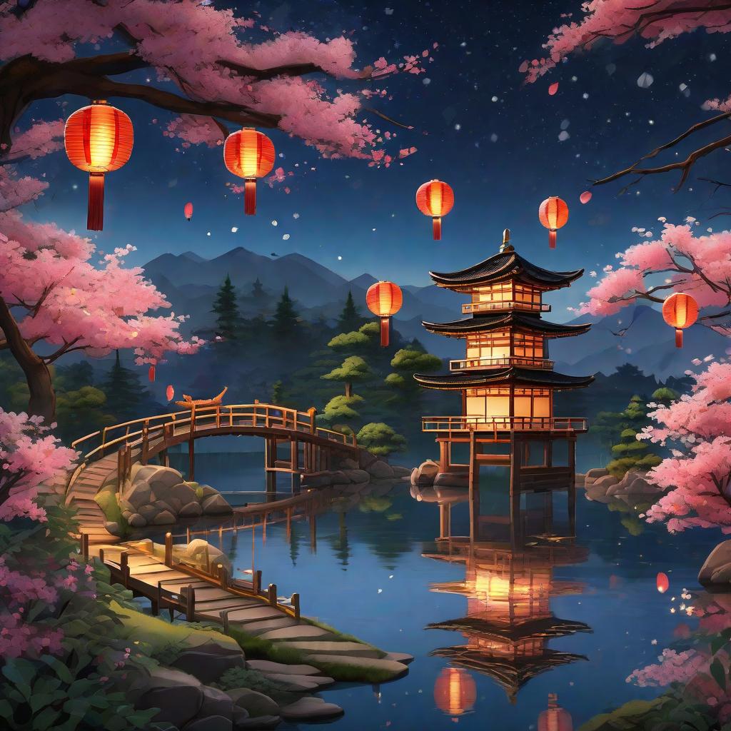  masterpiece, best quality, (Fidelity: 1.4), Best Quality, Masterpiece, Ultra High Resolution, 8k resolution, A night view inspired by Japanese art, featuring a garden illuminated by paper lanterns and a wooden bridge spanning a tranquil lake, by the lakeside, there is a small Zen temple. The water reflects the starry sky.