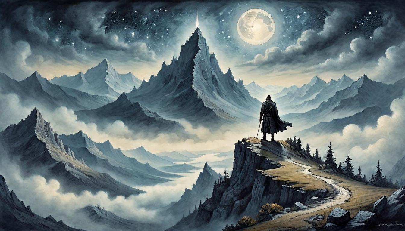  on parchment, surrealism+++, A lone figure standing atop a mountain peak, cloak billowing in the wind, gazing into the distance, symbol of steadfast truth and potential for global change, mountain rugged, under starlit sky, stand embodies conviction and resolve, landscape vast and untamed, inspiring action(mysterious, provocative, symbolic,muted color)+++