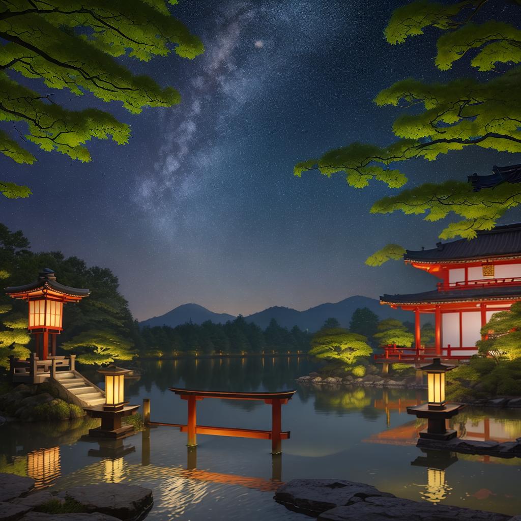  masterpiece, best quality, (Fidelity: 1.4), Best Quality, Masterpiece, Ultra High Resolution, 8k resolution, A night view inspired by Japanese art, featuring a garden illuminated by paper lanterns and a wooden bridge spanning a tranquil lake, by the lakeside, there is a small Zen temple. The water reflects the starry sky.