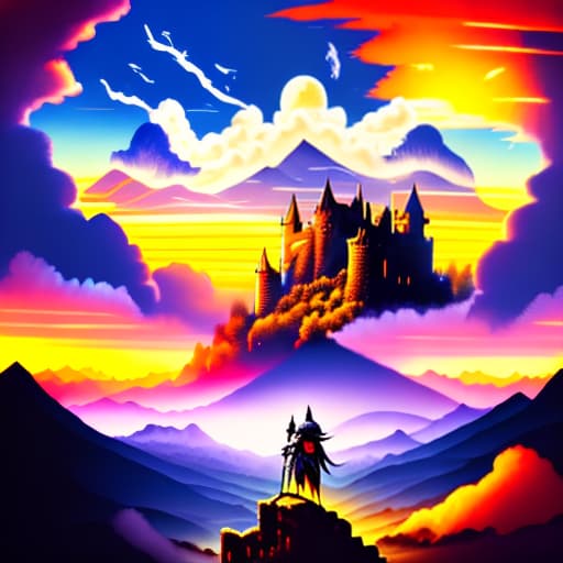 estilovintedois the battle of light and darkness. defeat of the knight of light. a knight surrounded by enemies. the clouds. castle. mountains. sunset.