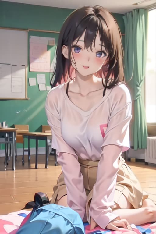  Masterpiece,1girl, parted lips, blush, makeup, light smile, uniform, classroom, light rays, glow,, collarbone, narrow waist, (masterpiece), wallpaper, sheer shirt, uncensored and hips, full body