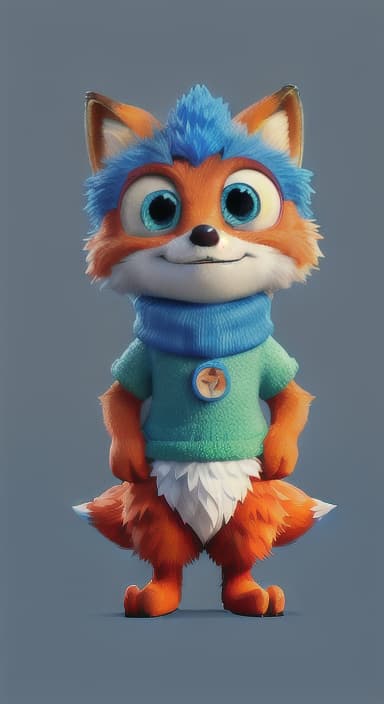  {Error the fox pressing the blue button with his paw, looking puzzled as nothing occurs., Error is a small, bright orange fox with a fluffy tail and big, inquisitive eyes. He has a mischievous yet kind expression and wears a tiny green scarf.