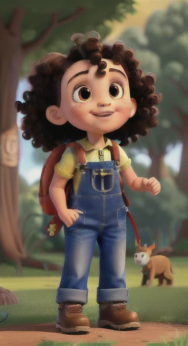  {Riley looking up at the tree with a big smile, animals surrounding them., Riley, a curious with big brown eyes and curly hair, wearing overalls and carrying a small backpack. Their friend, Skye, a bluebird with shiny feathers.