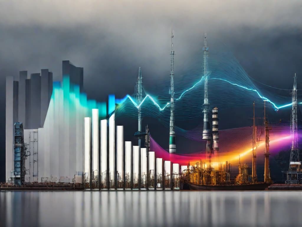  A soaring line graph against a blue background, with upward arrows symbolizing stock growth, and a silhouette of an oil rig representing the energy sector. digital art, ilustration, no flares, clean hyperrealistic, full body, detailed clothing, highly detailed, cinematic lighting, stunningly beautiful, intricate, sharp focus, f/1. 8, 85mm, (centered image composition), (professionally color graded), ((bright soft diffused light)), volumetric fog, trending on instagram, trending on tumblr, HDR 4K, 8K