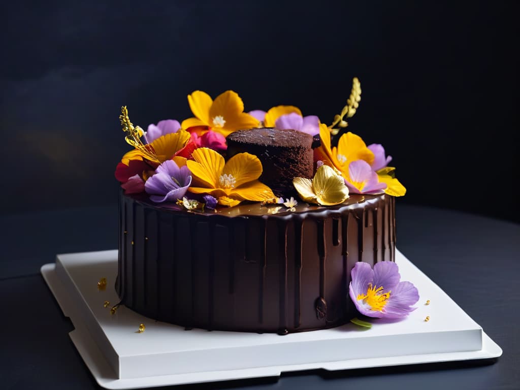  A closeup, ultradetailed image of a decadent chocolate cake topped with delicate gold leaf and colorful edible flowers, set on a sleek, modern white plate against a matte black backdrop. The cake's glossy ganache glimmers in the light, showcasing intricate textures and layers, while the vibrant hues of the flowers pop against the rich, dark chocolate, creating a visually stunning and luxurious dessert presentation. hyperrealistic, full body, detailed clothing, highly detailed, cinematic lighting, stunningly beautiful, intricate, sharp focus, f/1. 8, 85mm, (centered image composition), (professionally color graded), ((bright soft diffused light)), volumetric fog, trending on instagram, trending on tumblr, HDR 4K, 8K