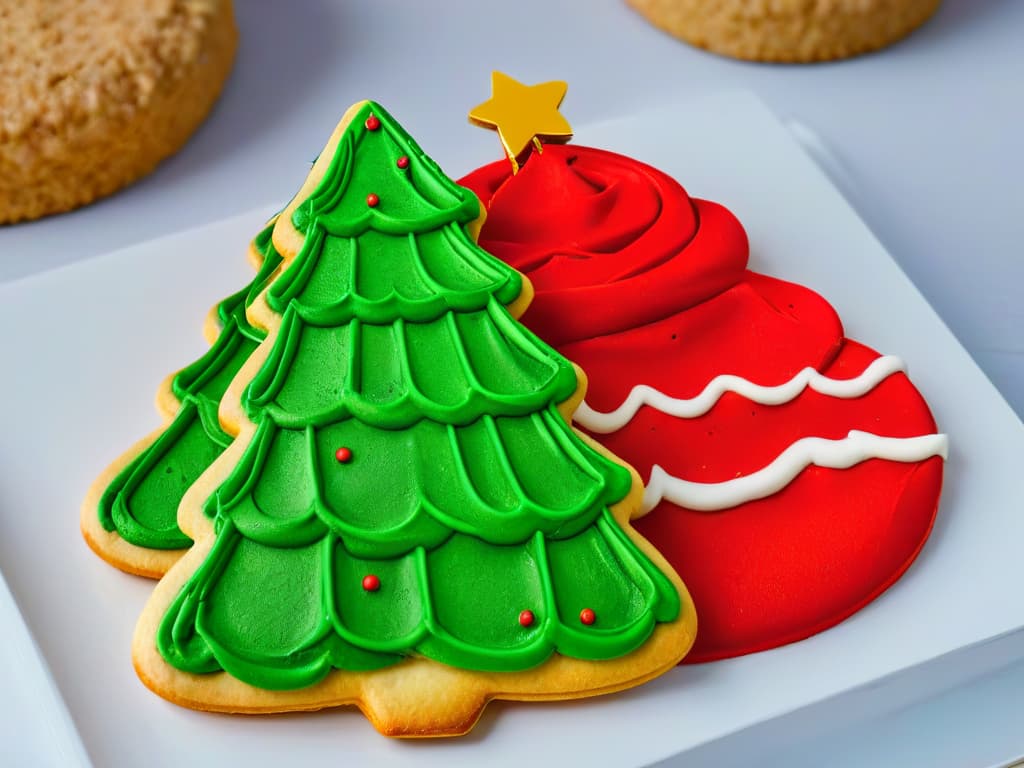  A closeup ultradetailed image of a beautifully decorated Christmas sugar cookie, intricately piped with festive red and green icing, sprinkled with shimmering edible glitter. hyperrealistic, full body, detailed clothing, highly detailed, cinematic lighting, stunningly beautiful, intricate, sharp focus, f/1. 8, 85mm, (centered image composition), (professionally color graded), ((bright soft diffused light)), volumetric fog, trending on instagram, trending on tumblr, HDR 4K, 8K