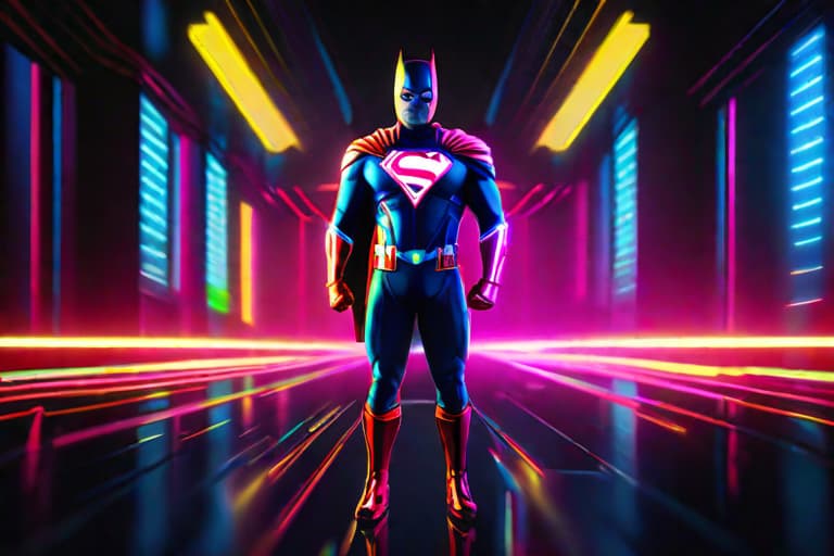  superhero neon print on lacquered metal, cute, hyper detail, full HD hyperrealistic, full body, detailed clothing, highly detailed, cinematic lighting, stunningly beautiful, intricate, sharp focus, f/1. 8, 85mm, (centered image composition), (professionally color graded), ((bright soft diffused light)), volumetric fog, trending on instagram, trending on tumblr, HDR 4K, 8K