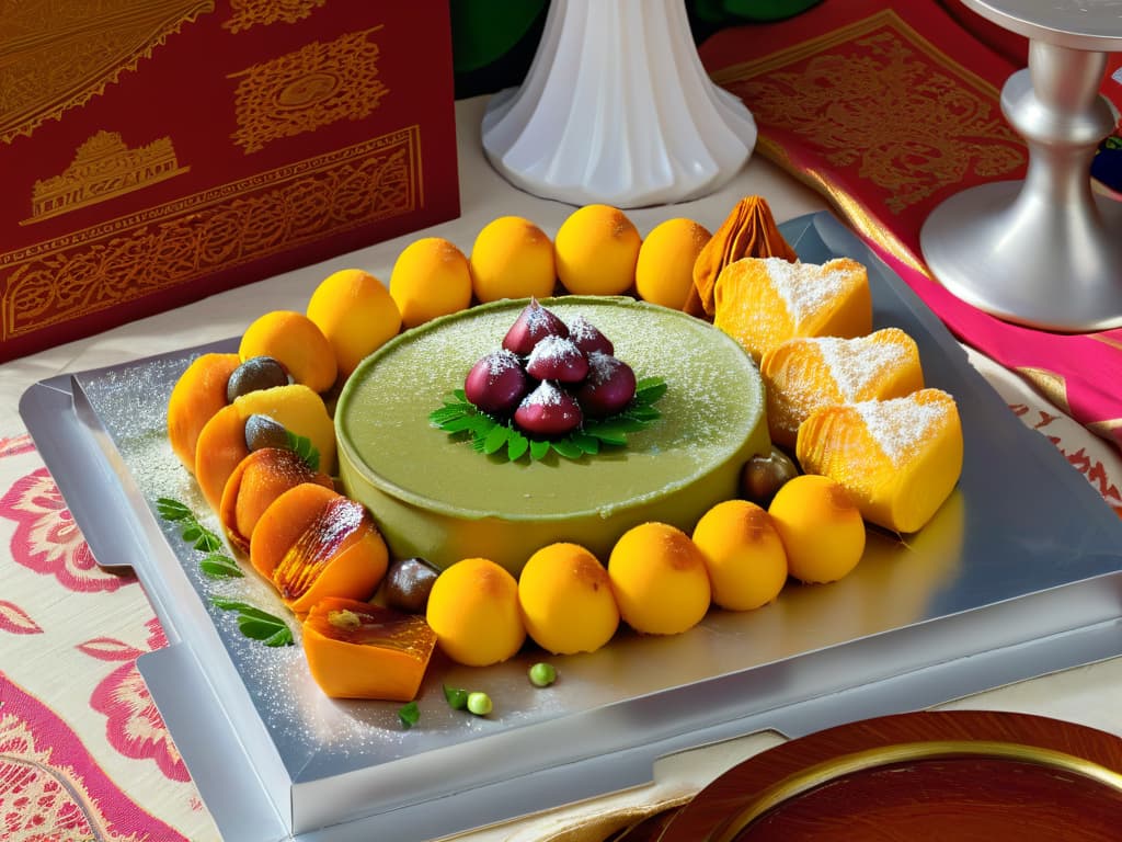  A vibrant and detailed photorealistic image of a traditional Indian dessert platter, featuring an array of colorful and exotic sweets such as gulab jamun, jalebi, barfi, and rasgulla arranged beautifully on a silver platter. The desserts are garnished with delicate saffron strands, pistachios, and edible silver leaf, set against a backdrop of intricate Indian patterns and vibrant hues. The image captures the richness and diversity of Indian desserts, inviting viewers to indulge in the sensory experience of these sweet treats. hyperrealistic, full body, detailed clothing, highly detailed, cinematic lighting, stunningly beautiful, intricate, sharp focus, f/1. 8, 85mm, (centered image composition), (professionally color graded), ((bright soft diffused light)), volumetric fog, trending on instagram, trending on tumblr, HDR 4K, 8K