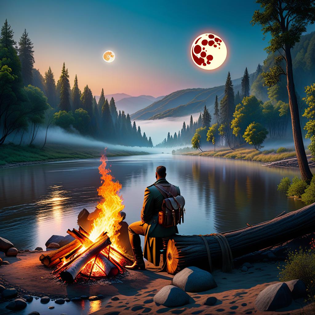  concept art A with big s sits on the bank of the river. A bonfire is burning. A full moon shines. . digital artwork, ilrative, painterly, matte painting, highly detailed hyperrealistic, full body, detailed clothing, highly detailed, cinematic lighting, stunningly beautiful, intricate, sharp focus, f/1. 8, 85mm, (centered image composition), (professionally color graded), ((bright soft diffused light)), volumetric fog, trending on instagram, trending on tumblr, HDR 4K, 8K