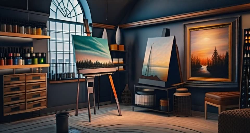  a studio with a painting on an easel, modern, detailed, used paints, brushes, bright lighting