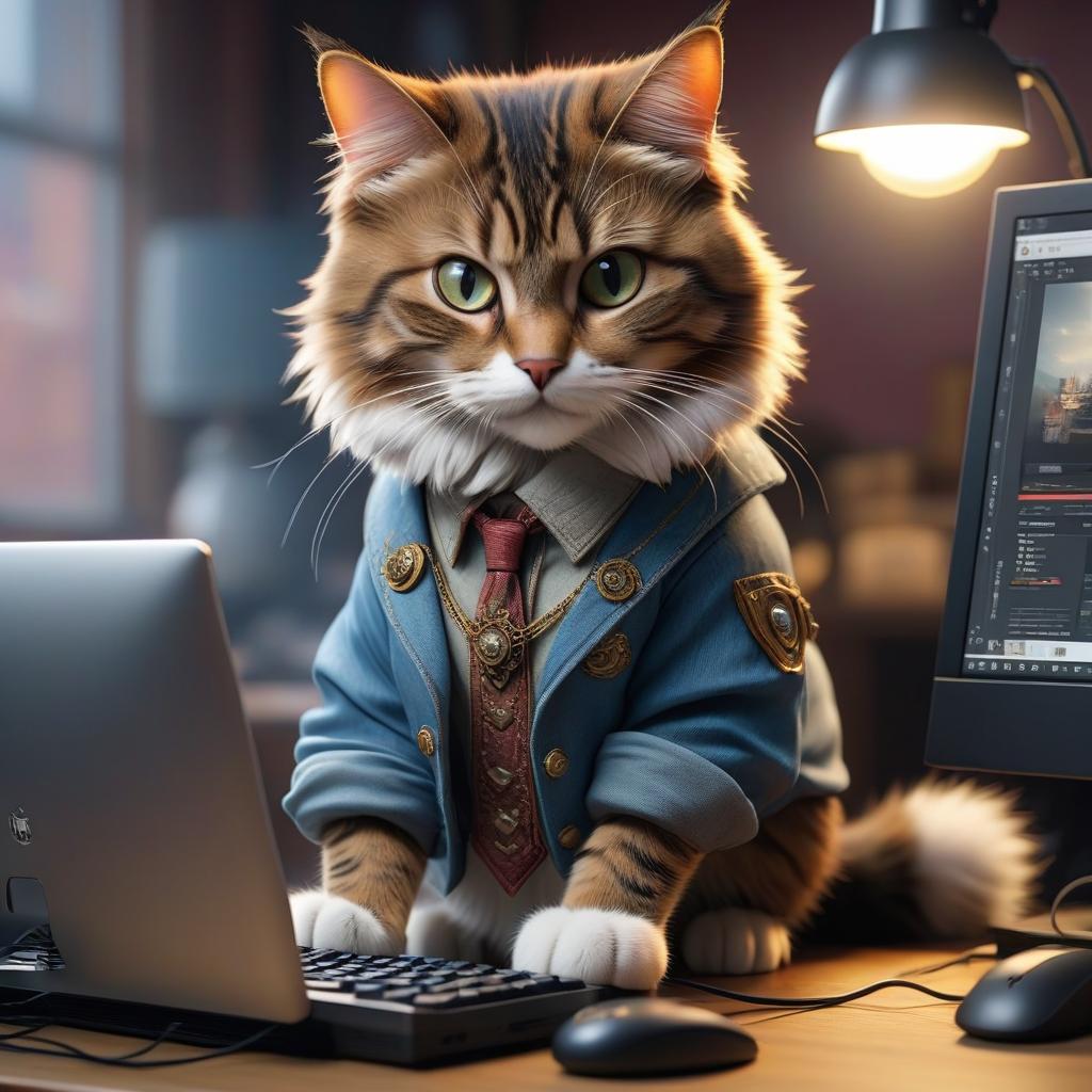  A cat wearing clothes fixes a computer. hyperrealistic, full body, detailed clothing, highly detailed, cinematic lighting, stunningly beautiful, intricate, sharp focus, f/1. 8, 85mm, (centered image composition), (professionally color graded), ((bright soft diffused light)), volumetric fog, trending on instagram, trending on tumblr, HDR 4K, 8K