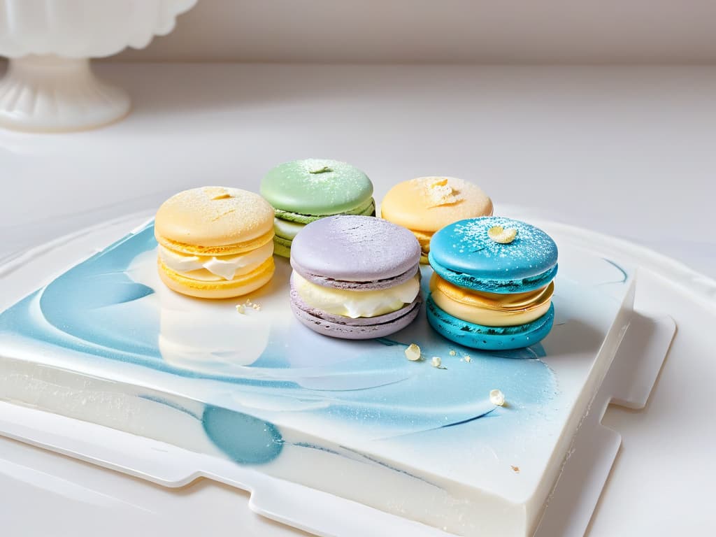  A closeup, ultradetailed image of a delicate, intricately designed glutenfree macaron resting on a pristine white marble surface. The macaron is perfectly round with a smooth, glossy surface, showcasing a gradient of pastel colors. Every tiny detail of the delicate texture and exquisite decoration is visible, from the elegant swirls of buttercream to the shimmering edible gold leaf accents. The lighting is soft and diffused, emphasizing the flawless craftsmanship and luxurious aesthetic of the glutenfree treat. hyperrealistic, full body, detailed clothing, highly detailed, cinematic lighting, stunningly beautiful, intricate, sharp focus, f/1. 8, 85mm, (centered image composition), (professionally color graded), ((bright soft diffused light)), volumetric fog, trending on instagram, trending on tumblr, HDR 4K, 8K