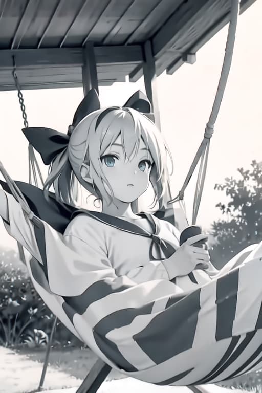  Cirno on a hammock, old manga style, monochrome