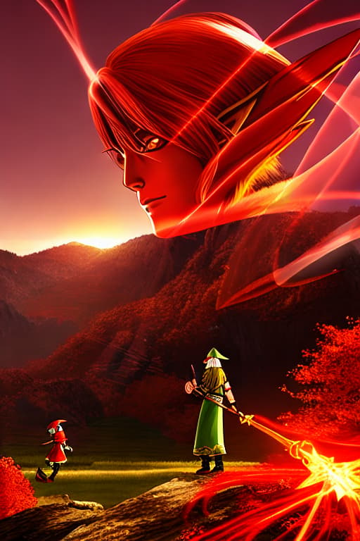  Elves, powerful face, red hair, short hair, wizard rope, lift glowing wand, receiving the wind, autumn leaves, sunset,
