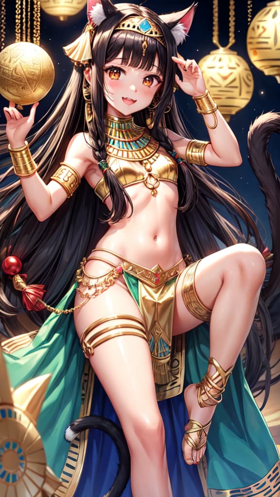  , 1 beautiful , dancing, dancer, dancing, , Egyptian , harem, middle eastern, Mata Hari, olive complexion, brown skin,((egyptian)), ((bastet)), ((very long hair)),(straight hair), ((black hair)), ((egyptian clothing)), ((usekh collar)), ((ankh)), ((armlet)), (((blunt bangs))), ((budget sarashi)), (((small cat ears))), cat , ((cat tail)), (white top cropped), (gold), (((harem outfit))), ((loincloth)), , midriff, on piercing, ((( clothes))), solo, stomach, tail, tail ornament, tail ring, (headband), (jewel), indulgent, smile, fangs, cats eyes, cat pupils, gold, jewels,
