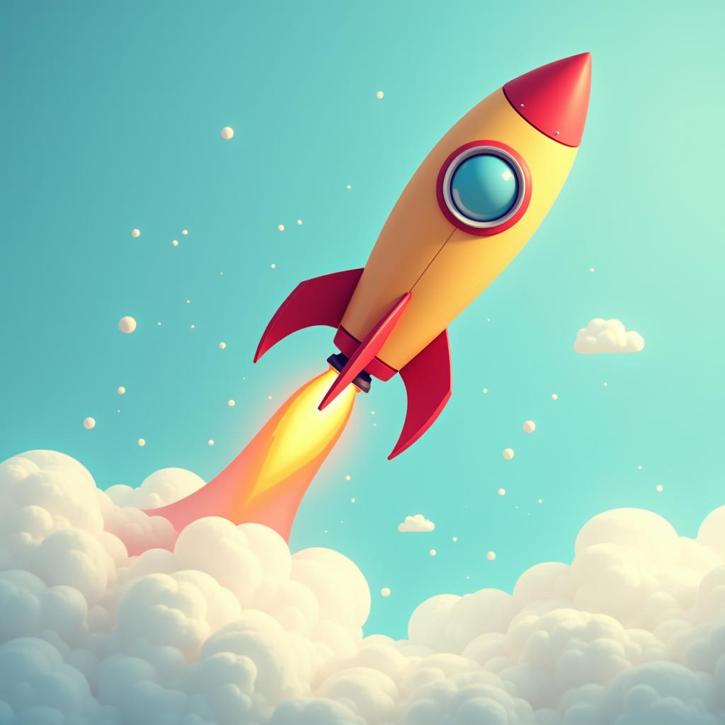  good quality, high quality, a colorful rocket launching through clouds, symbolizing adventure and exploration in a vibrant, animated style.