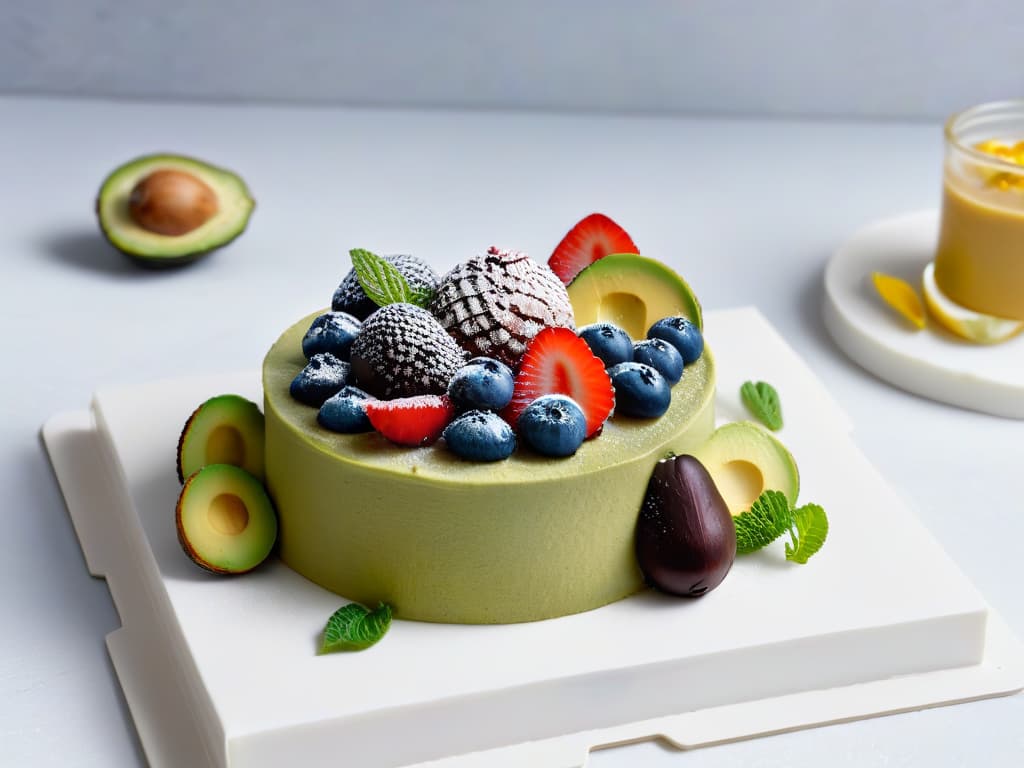  A minimalist image of a beautifully arranged assortment of keto desserts, including almond flour cookies, avocado chocolate mousse, and coconut flour cake, elegantly displayed on a sleek marble countertop with soft, natural lighting highlighting the textures and colors of the treats. Each dessert is garnished with fresh berries and a delicate mint leaf, showcasing the artful presentation and inviting appeal of these lowcarb delights. hyperrealistic, full body, detailed clothing, highly detailed, cinematic lighting, stunningly beautiful, intricate, sharp focus, f/1. 8, 85mm, (centered image composition), (professionally color graded), ((bright soft diffused light)), volumetric fog, trending on instagram, trending on tumblr, HDR 4K, 8K