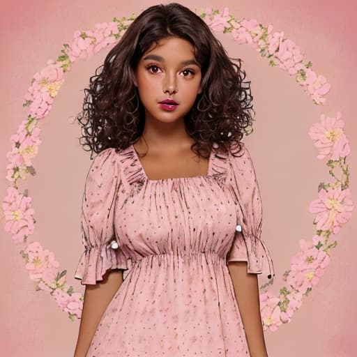  Woman with tanned skin, dark curly hair, dark brown eyes, full and slightly pink lips, round cheeks, wearing a flowery dress.