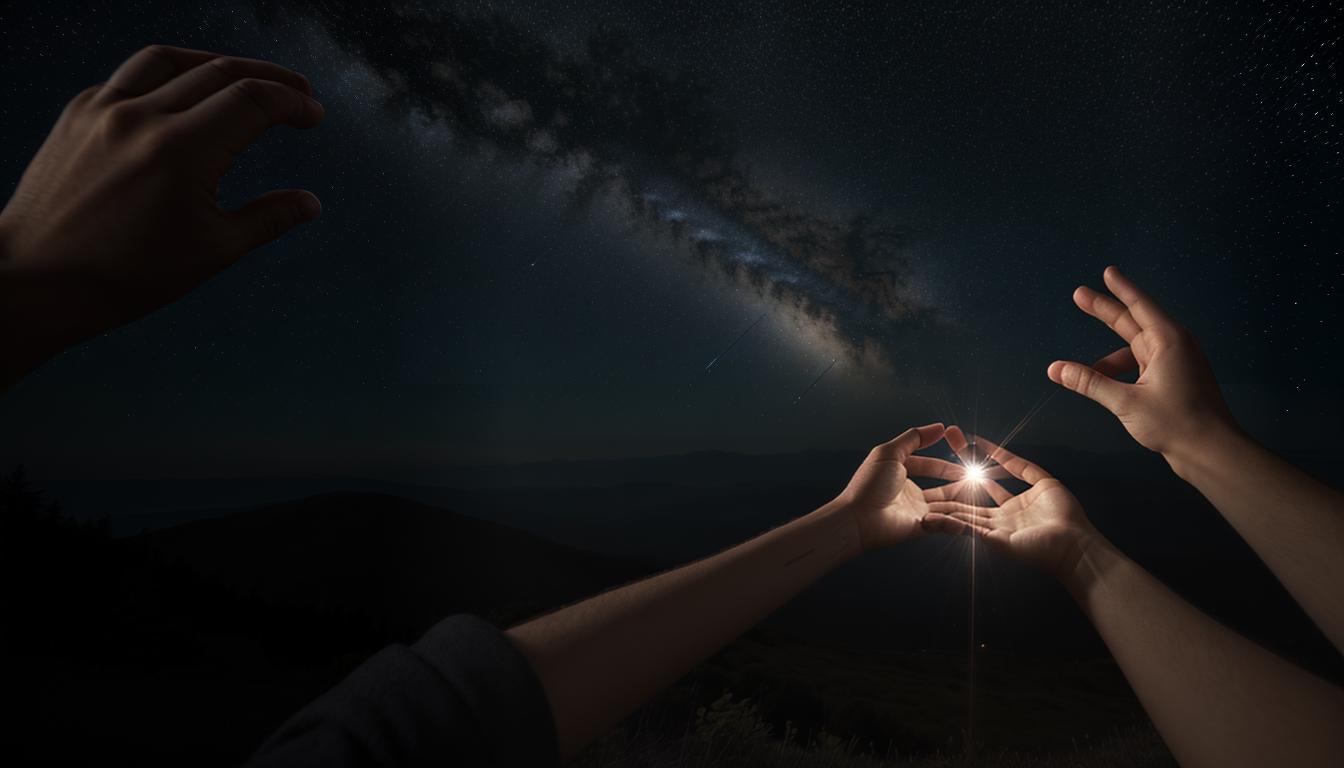  cinematic, aesthetic, Hands gently offering a shining star, symbolizing giving freely of time and energy, outstretched hands, glowing star, luminous offering, generous light, hopeful, 4k, HDR, lens flare