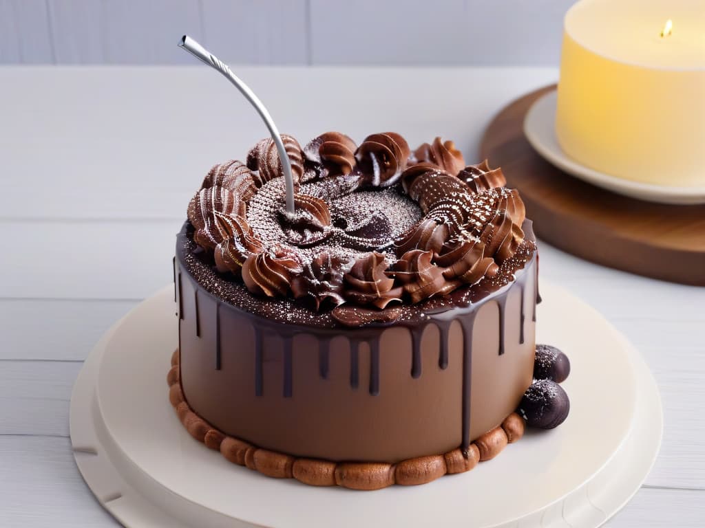  A closeup, ultradetailed image of a glossy chocolate ganache being smoothly poured over a perfectly round, decadent chocolate cake. The ganache cascades down the sides of the cake, creating a beautifully smooth and uniform texture, with tiny droplets suspended in midair, capturing the moment of exquisite culinary artistry. hyperrealistic, full body, detailed clothing, highly detailed, cinematic lighting, stunningly beautiful, intricate, sharp focus, f/1. 8, 85mm, (centered image composition), (professionally color graded), ((bright soft diffused light)), volumetric fog, trending on instagram, trending on tumblr, HDR 4K, 8K