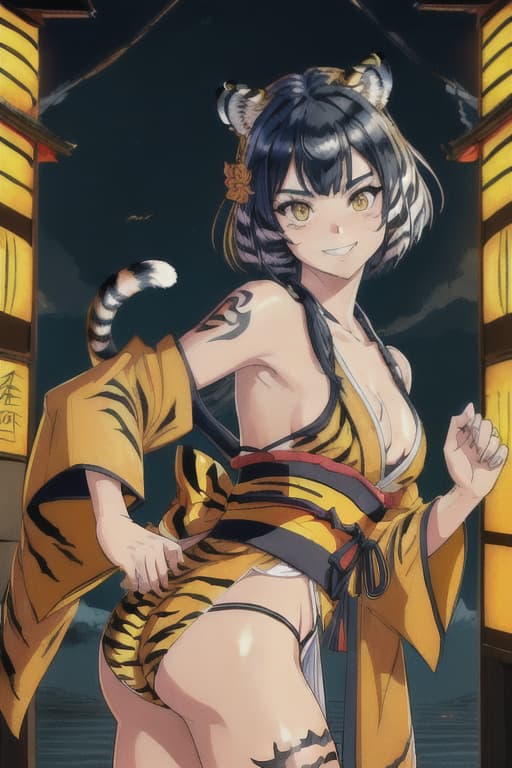  1.5, (Masterpiece, Best Quality), Absurd Detailed, Raw Realistic, (Super Fine Shiny Face), 8k, ((Tiger-Stripes Pattern Kimono, Short Hem, Tiger Ears, Tiger Ears, TIGER EARS ER GIRL, CAT HANDS, Tiger Tail), Raw Photo Realistic shiny hair, grin, &, ((fundoshi)), ((Tiger-Stripes Pattern Tattoo on the Body)), Look Back, Cat's Paw, Dynami c Pose, shrine, Twilight Lighting, Put a shit on)))