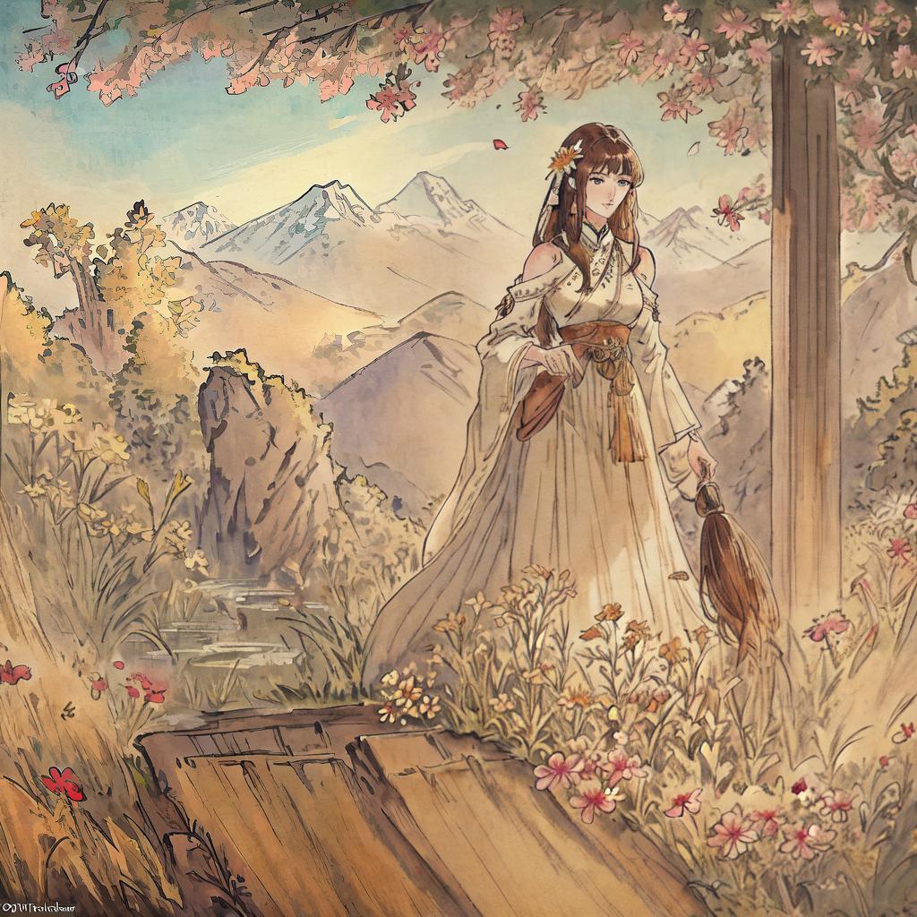  ((masterpiece)),(((best quality))), 8k, high detailed, ultra-detailed. A age  with smooth brown hair and a small flower in a beautiful environment with the name Yasmym written discreetly above. A young woman with ((brown hair cascading down her shoulders)), delicately holds a ((small flower)) in her hand. She stands in a serene ((meadow)) surrounded by vint wildflowers, with a majestic mountain range ((in the distance)). The atmosphere is filled with a warm, golden glow from the setting sun, casting long shadows and creating a ((dreamy)) ambiance. The image is rendered in a hyper-realistic style, capturing every intricate detail of the 's hair, the delicate petals of the flower, and the lush surroundings. The colors are rich  hyperrealistic, full body, detailed clothing, highly detailed, cinematic lighting, stunningly beautiful, intricate, sharp focus, f/1. 8, 85mm, (centered image composition), (professionally color graded), ((bright soft diffused light)), volumetric fog, trending on instagram, trending on tumblr, HDR 4K, 8K