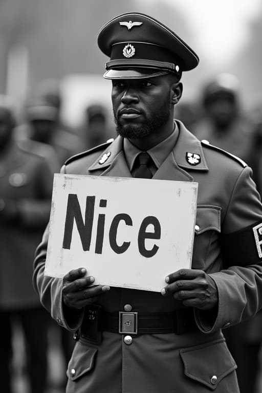  modern photo a black man, wearing nazi uniform, nazi uniform, holding a sign saying "nice"