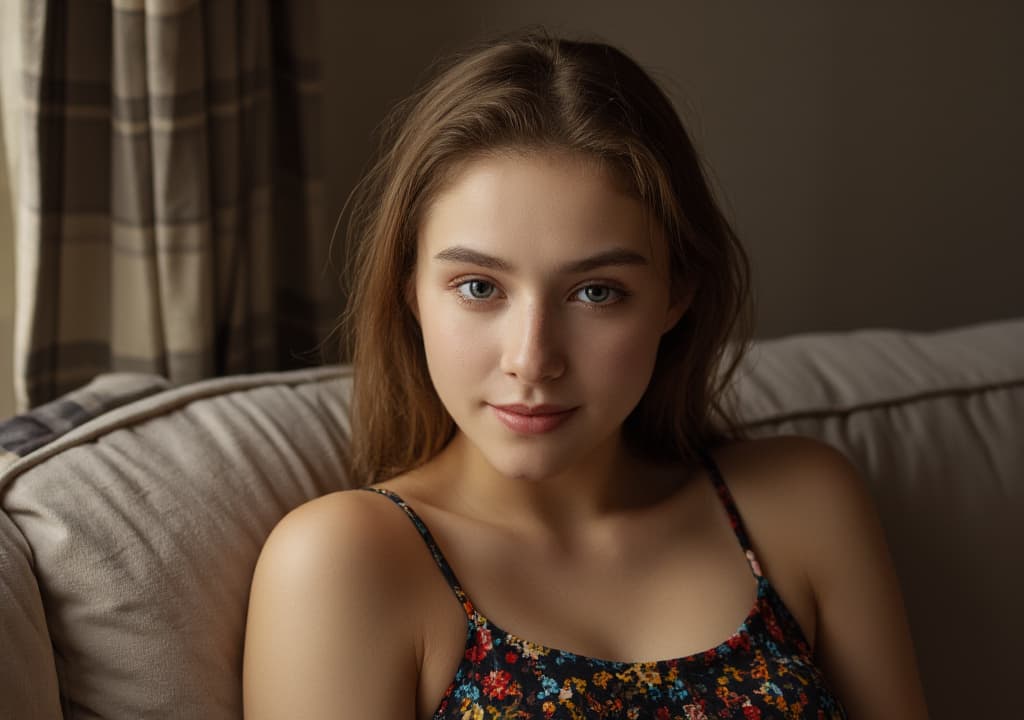  good quality, high quality, rait of a with freckles and freckles, big , wearing a colorful sundress and black dress, very detailed eyes, pretty face, light blush, small mouth, blush, smiling softly, wearing casual clothing, relaxing on a modern couch, interior lighting, cozy living room background, medium shot, mid shot, soft focus, 8k, art by irakli nadar, hyperrealism