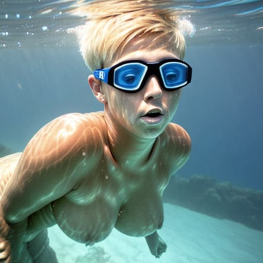  tanned blonde woman with giant booty and short haircut drowning and struggling underwater