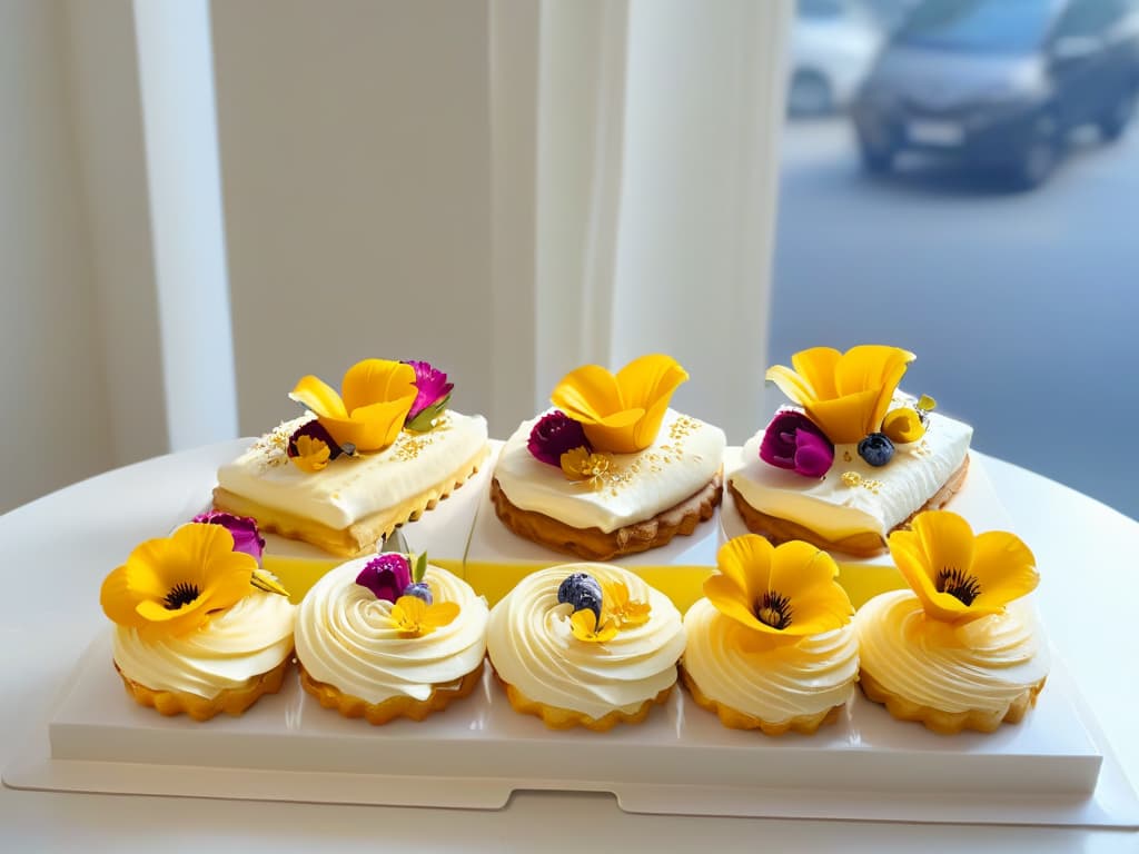  An image of a pristine white kitchen counter with an array of perfectly baked pastries and desserts meticulously arranged. Each sweet treat is adorned with delicate edible flowers and gold leaf accents, exuding an air of elegance and sophistication. The soft natural light streaming in from a nearby window casts a gentle glow on the delectable creations, highlighting their exquisite details and inviting presentation. hyperrealistic, full body, detailed clothing, highly detailed, cinematic lighting, stunningly beautiful, intricate, sharp focus, f/1. 8, 85mm, (centered image composition), (professionally color graded), ((bright soft diffused light)), volumetric fog, trending on instagram, trending on tumblr, HDR 4K, 8K