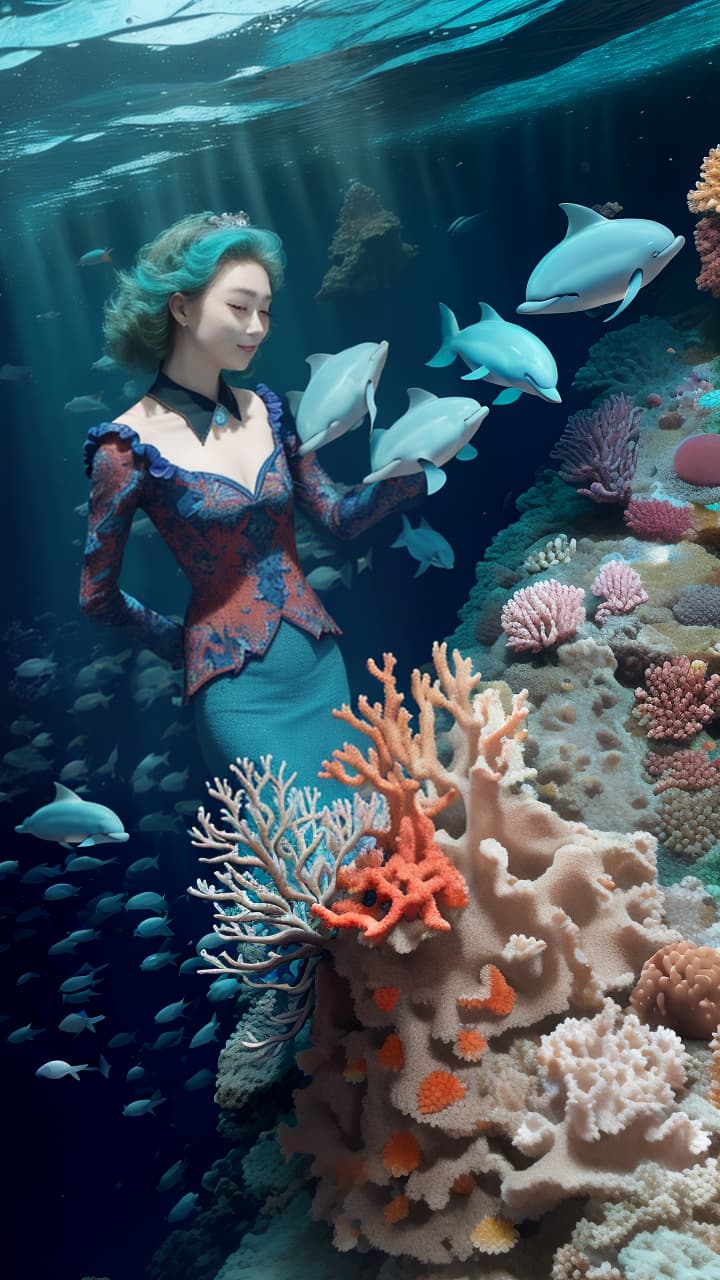  masterpiece, best quality, Most Beautiful in deep sea teeming with vibrant corals, diverse marine life, and enchanting underwater landscapes, full of corals, acrophore, small fishes, anemones, dolphin, various algaes, caves, colorful,all captured in stunning 8k resolution with intricate details.