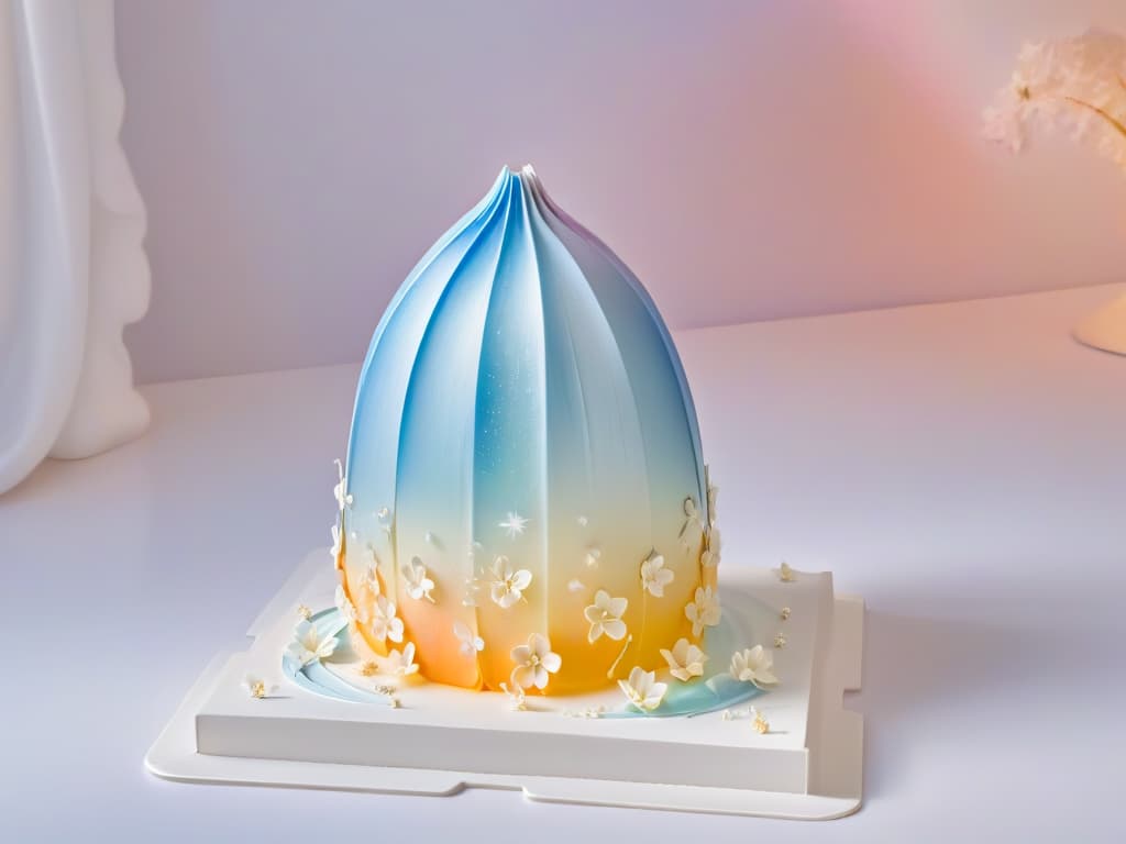  An ultradetailed image of a gleaming crystal trophy in the shape of a delicate icing bag, adorned with intricate sugar flower details and shimmering with a rainbow iridescence under soft, diffused lighting. The background is a subtle gradient of pastel colors, enhancing the minimalist yet striking aesthetic of the award. hyperrealistic, full body, detailed clothing, highly detailed, cinematic lighting, stunningly beautiful, intricate, sharp focus, f/1. 8, 85mm, (centered image composition), (professionally color graded), ((bright soft diffused light)), volumetric fog, trending on instagram, trending on tumblr, HDR 4K, 8K