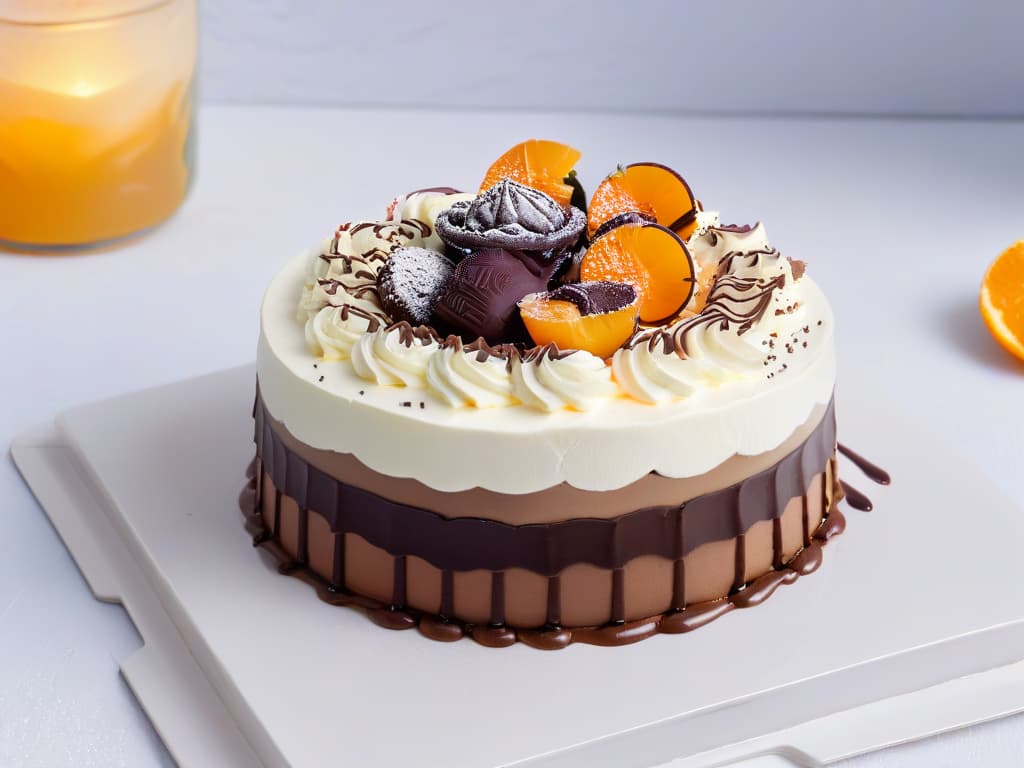  An ultradetailed closeup image of a colorful and intricately decorated chocotorta, a traditional Argentine dessert. Layers of chocolate cookies soaked in coffee, dulce de leche, and cream cheese, topped with a delicate swirl of whipped cream and chocolate shavings, all presented on a modern, sleek plate. The vibrant colors of the dessert pop against the minimalist background, highlighting the richness and complexity of flavors in this exquisite sweet treat. hyperrealistic, full body, detailed clothing, highly detailed, cinematic lighting, stunningly beautiful, intricate, sharp focus, f/1. 8, 85mm, (centered image composition), (professionally color graded), ((bright soft diffused light)), volumetric fog, trending on instagram, trending on tumblr, HDR 4K, 8K