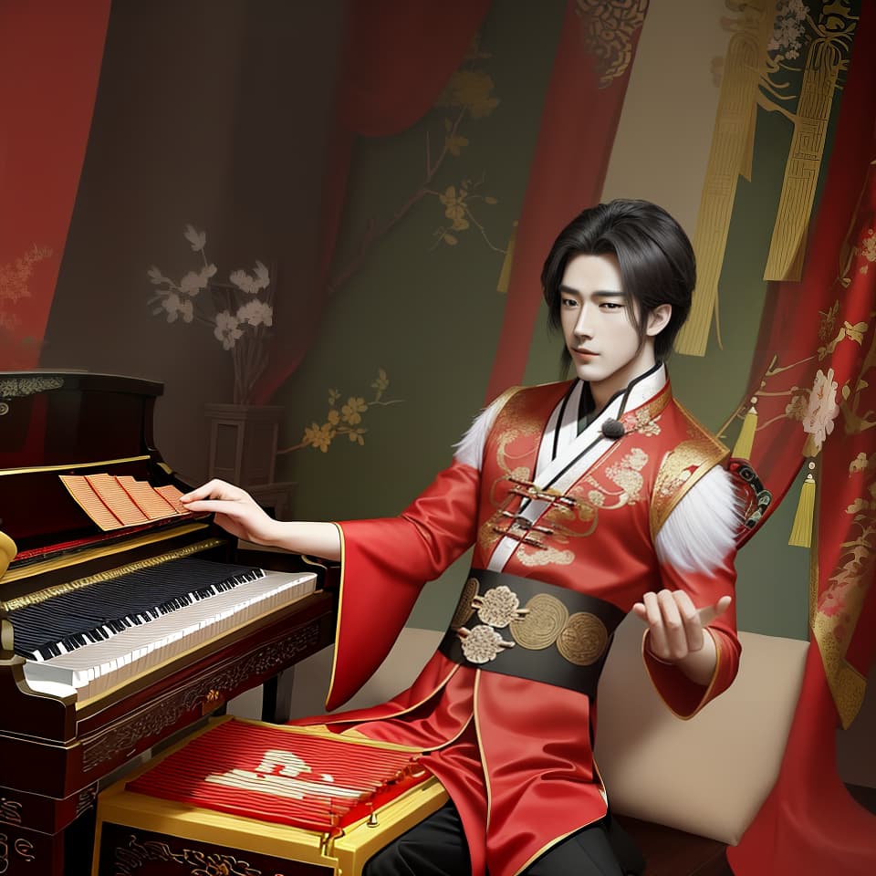  Chinese fairy style, handsome guy, ancient man, occupation: piano player, playing guzheng, Hanfu