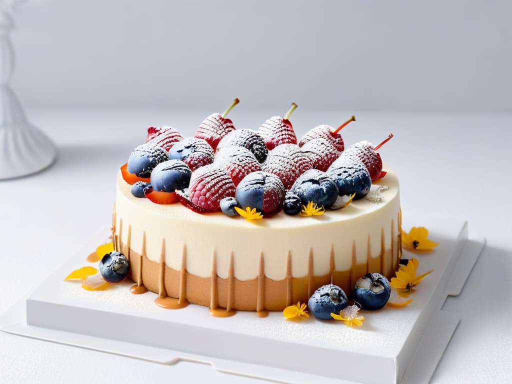  A closeup, ultradetailed image of a beautifully crafted, modern dessert with intricate layers of sponge cake, fresh berries, and delicate edible flowers, all drizzled with a light, glossy glaze, set against a stark white background to emphasize the vibrant colors and textures of the dessert. hyperrealistic, full body, detailed clothing, highly detailed, cinematic lighting, stunningly beautiful, intricate, sharp focus, f/1. 8, 85mm, (centered image composition), (professionally color graded), ((bright soft diffused light)), volumetric fog, trending on instagram, trending on tumblr, HDR 4K, 8K