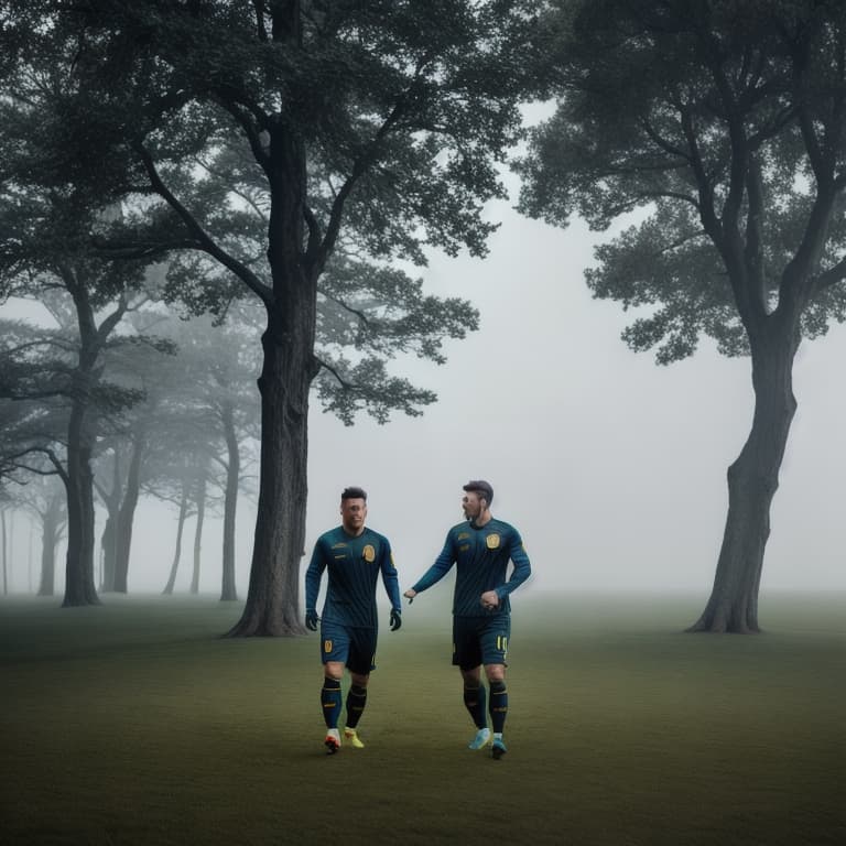  landscape Ronaldo and messi hyperrealistic, full body, detailed clothing, highly detailed, cinematic lighting, stunningly beautiful, intricate, sharp focus, f/1. 8, 85mm, (centered image composition), (professionally color graded), ((bright soft diffused light)), volumetric fog, trending on instagram, trending on tumblr, HDR 4K, 8K