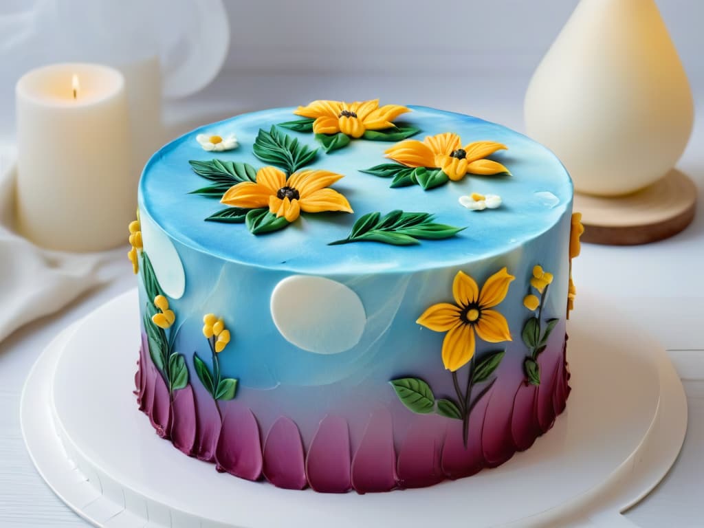  An ultradetailed closeup image of a delicate, intricately painted floral design on a small fondant cake, showcasing vibrant colors and precise brush strokes that demonstrate modern edible painting techniques in pastry art. hyperrealistic, full body, detailed clothing, highly detailed, cinematic lighting, stunningly beautiful, intricate, sharp focus, f/1. 8, 85mm, (centered image composition), (professionally color graded), ((bright soft diffused light)), volumetric fog, trending on instagram, trending on tumblr, HDR 4K, 8K