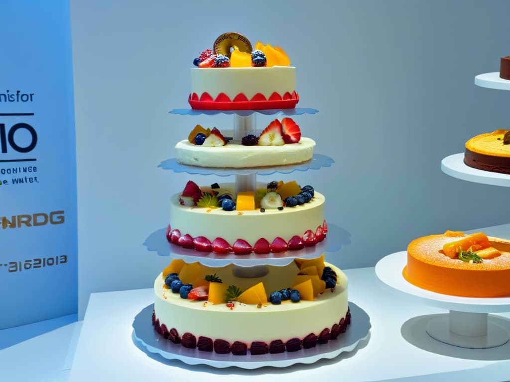  An ultradetailed image of a sleek, modern dessert display featuring a variety of themed desserts arranged in an elegant and artistic manner. The desserts are meticulously crafted and visually stunning, showcasing the latest trends in themed dessert merchandising. The display is set against a clean, minimalist background to emphasize the innovative and creative nature of the desserts. hyperrealistic, full body, detailed clothing, highly detailed, cinematic lighting, stunningly beautiful, intricate, sharp focus, f/1. 8, 85mm, (centered image composition), (professionally color graded), ((bright soft diffused light)), volumetric fog, trending on instagram, trending on tumblr, HDR 4K, 8K