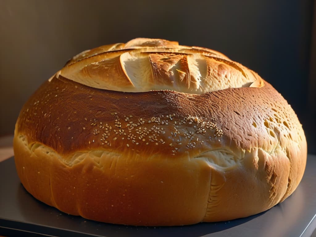  A closeup, ultradetailed image of a perfectly risen loaf of artisan bread, with a goldenbrown crust that glistens under a soft light, showcasing the intricate patterns scored on the top of the loaf. The texture of the bread is visible, with tiny air pockets creating a light and fluffy interior. The background is a simple, dark surface that enhances the contrast and highlights the craftsmanship of the breadmaking process. hyperrealistic, full body, detailed clothing, highly detailed, cinematic lighting, stunningly beautiful, intricate, sharp focus, f/1. 8, 85mm, (centered image composition), (professionally color graded), ((bright soft diffused light)), volumetric fog, trending on instagram, trending on tumblr, HDR 4K, 8K