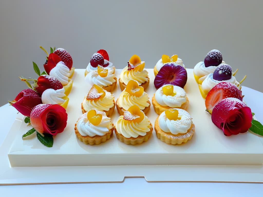  An ultradetailed image of a beautifully arranged dessert table with an assortment of decadent treats made from surplus eggs, such as rich custard tarts, fluffy meringues, and creamy tiramisu. Each dessert is meticulously garnished with fresh fruits and delicate edible flowers, creating a visually stunning and appetizing display. The table is set against a simple backdrop, enhancing the minimalistic aesthetic and drawing the viewer's focus to the exquisite details of each dessert. hyperrealistic, full body, detailed clothing, highly detailed, cinematic lighting, stunningly beautiful, intricate, sharp focus, f/1. 8, 85mm, (centered image composition), (professionally color graded), ((bright soft diffused light)), volumetric fog, trending on instagram, trending on tumblr, HDR 4K, 8K