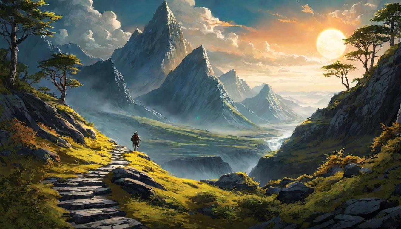  digital illustration, A path leading over rugged terrain, strewn with obstacles but glowing with light, symbolizing the treacherous but illuminating journey of transformation, growth through adversity, journey's spirit, looking at viewer, dynamic pose, (intricate details, masterpiece, best quality)