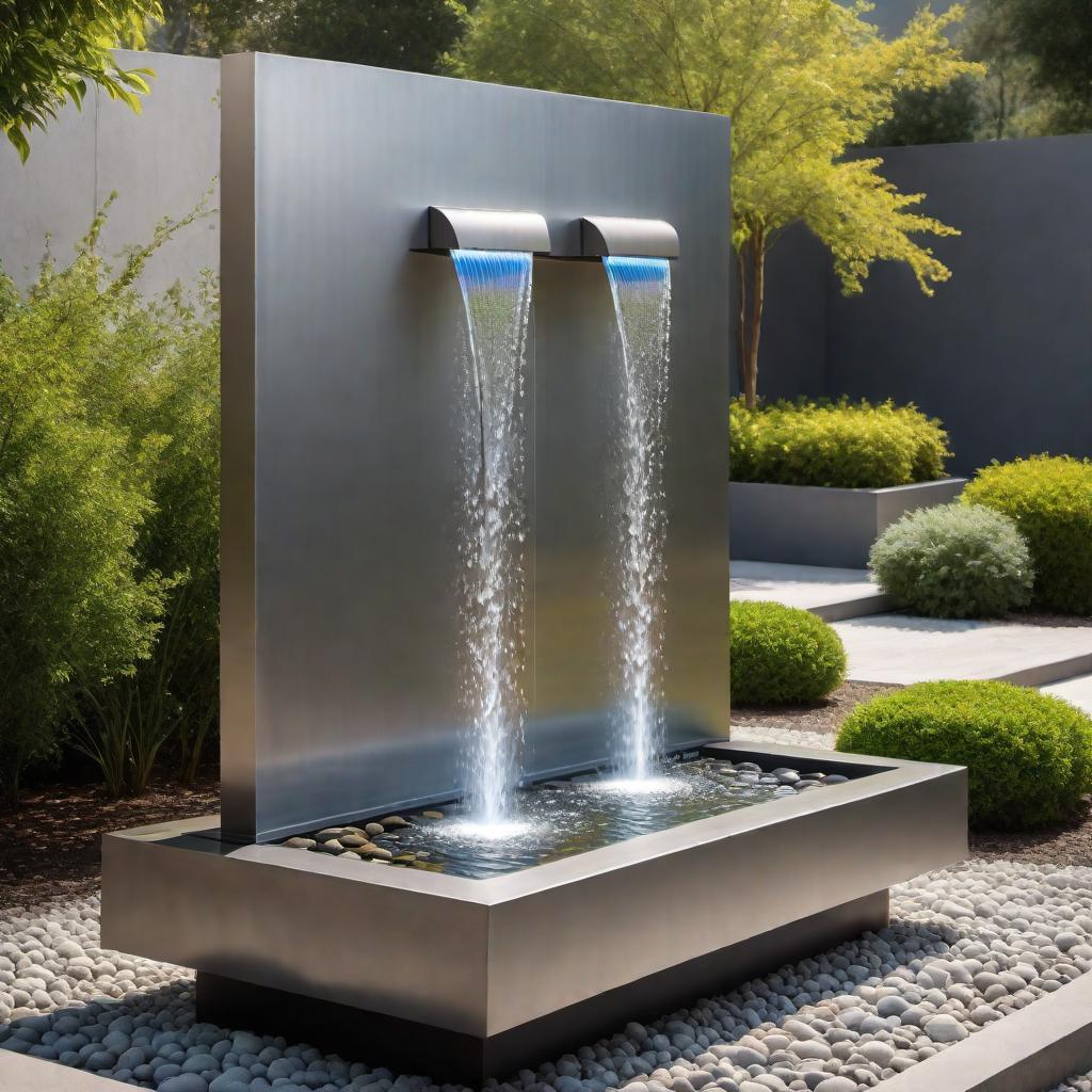  contemporary water fountains with modern design, sleek and minimalist, incorporating elements like flowing water over smooth stones, integrated lighting, and metal or glass structures in urban or garden settings. hyperrealistic, full body, detailed clothing, highly detailed, cinematic lighting, stunningly beautiful, intricate, sharp focus, f/1. 8, 85mm, (centered image composition), (professionally color graded), ((bright soft diffused light)), volumetric fog, trending on instagram, trending on tumblr, HDR 4K, 8K