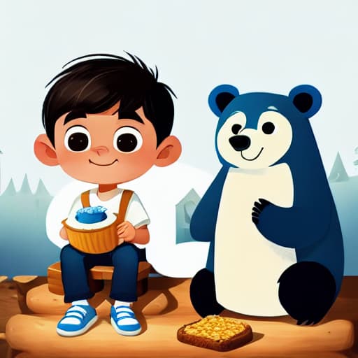  a boy with black short hair, white shirt, blue jeans is standing, the brown bear is sitting and eating honey, in a dimly lit cabin.