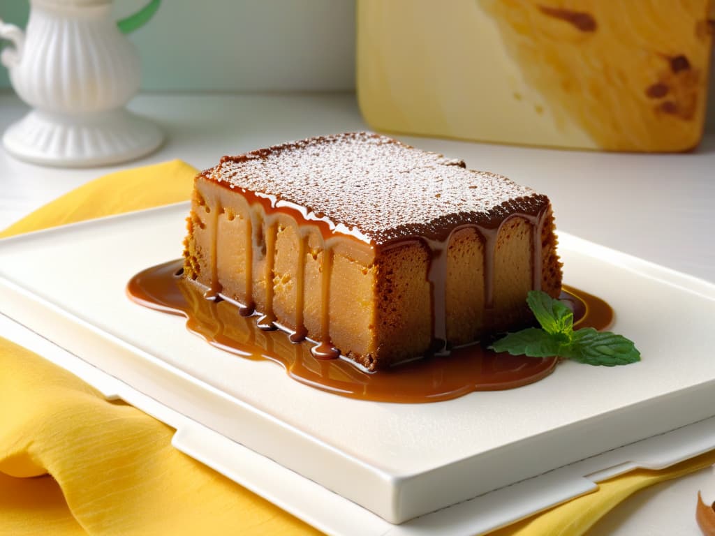  An ultradetailed closeup image of a slice of Malva Pudding drizzled with warm caramel sauce, showing the moist texture of the sponge cake and the glistening, sticky sweetness of the sauce. The pudding is served on a simple, elegant white plate with a sprig of fresh mint on the side, emphasizing the contrast between the golden dessert and the clean background. The lighting is soft, highlighting every crumb and caramel swirl in exquisite detail. hyperrealistic, full body, detailed clothing, highly detailed, cinematic lighting, stunningly beautiful, intricate, sharp focus, f/1. 8, 85mm, (centered image composition), (professionally color graded), ((bright soft diffused light)), volumetric fog, trending on instagram, trending on tumblr, HDR 4K, 8K