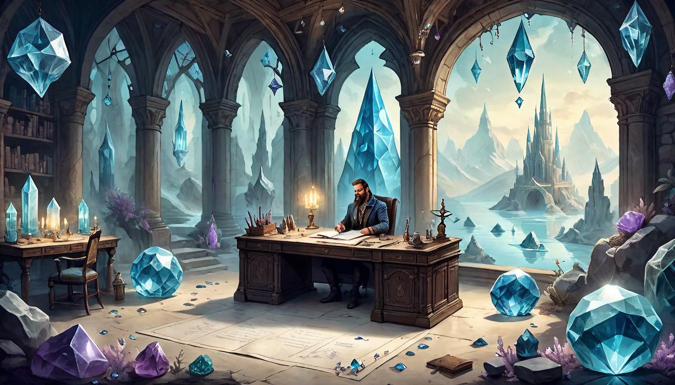  on parchment, surrealism+++, Crystals placed around a workspace, arranged with care, soft glows, enhancing the environment, peaceful, focused(mysterious, provocative, symbolic,muted color)+++